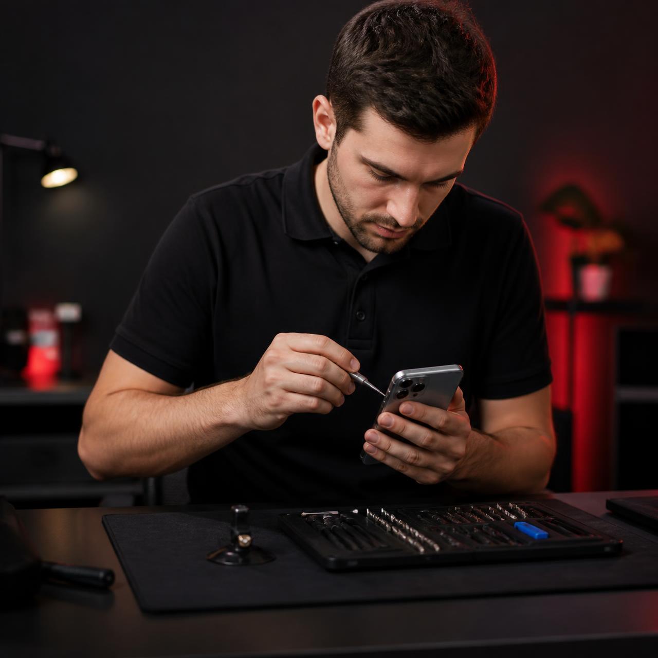Technician repairing a OnePlus smartphone with precision tools at a customer's home in Hyderabad